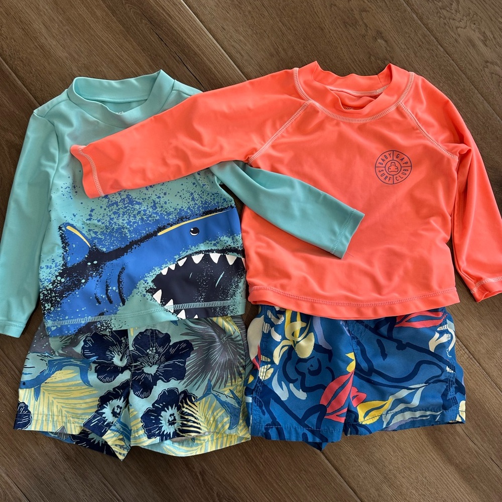 SET OF TWO Coral and Aqua Rashguard Swim Sets